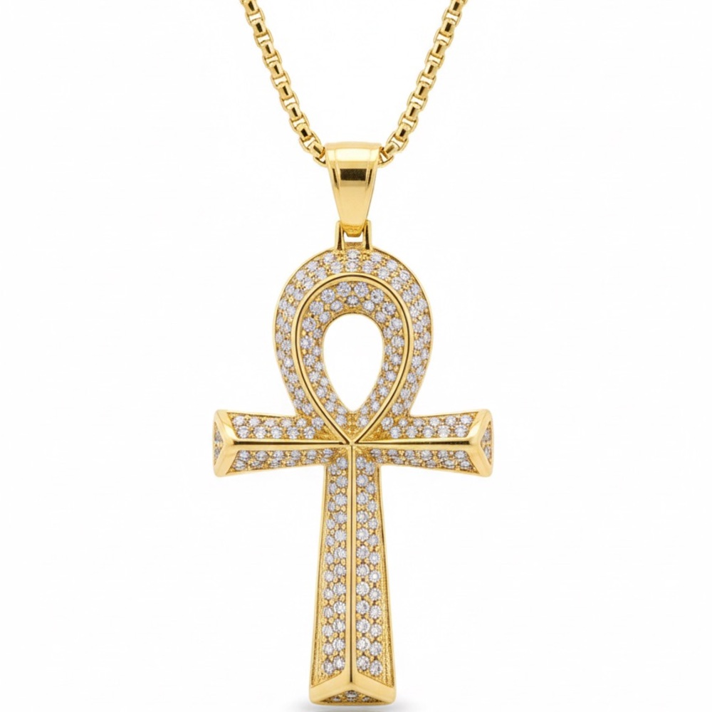Gold-Plated Ankh Pendant Necklace (Stainless Steel, 24” Chain Included)